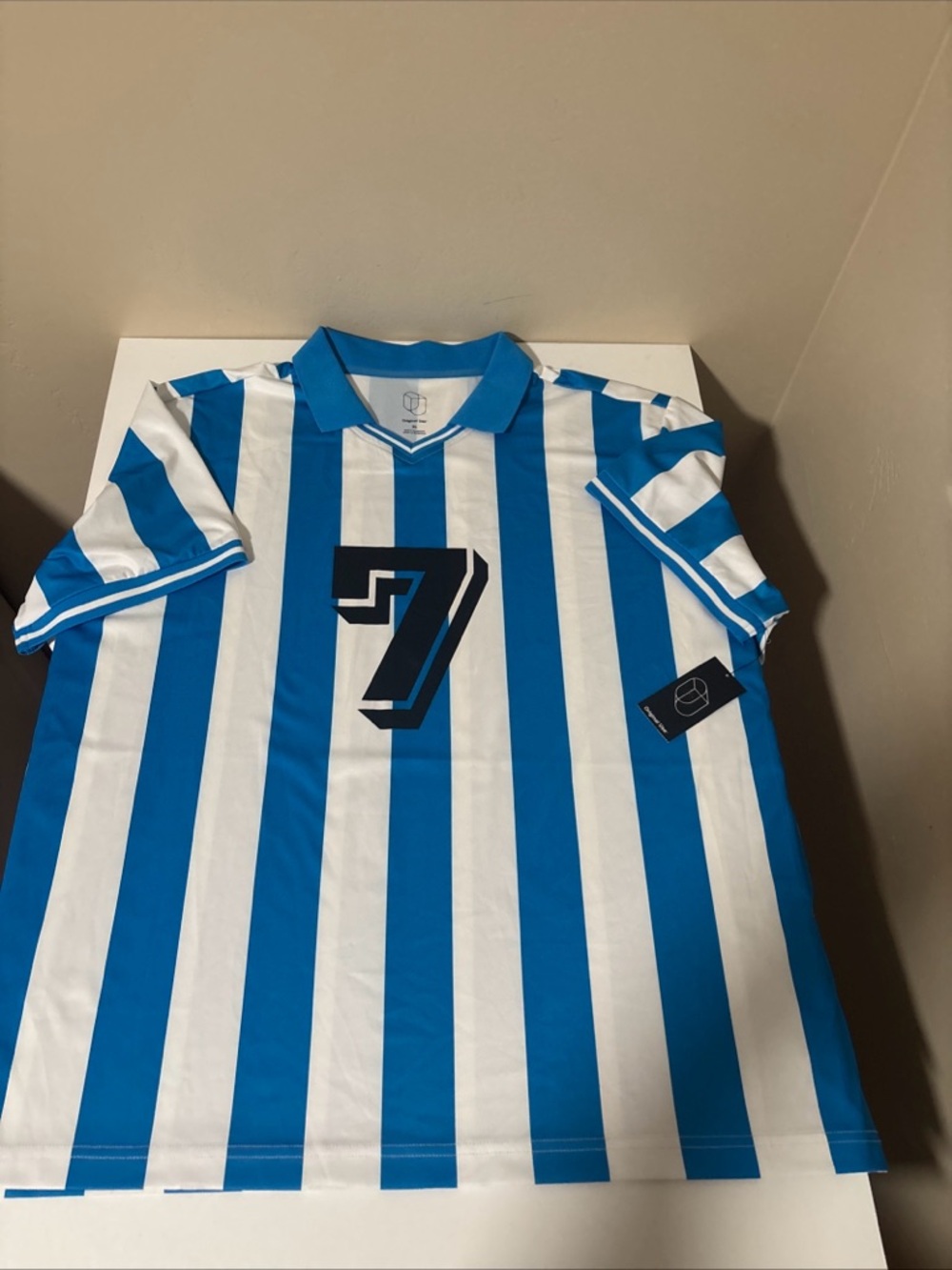 Original Use Mens Blue/white striped Collared Soccer Jersey #7 Size -XL NWT